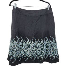 Vintage Dressbarn Linen Skirt 12 Black Floral Embroidered Hem Aline Full Knee